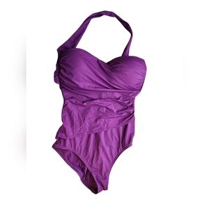 Tommy Bahama Swimsuit Womens 14 Purple Island Sculpt Halter Faux Wrap One Piece